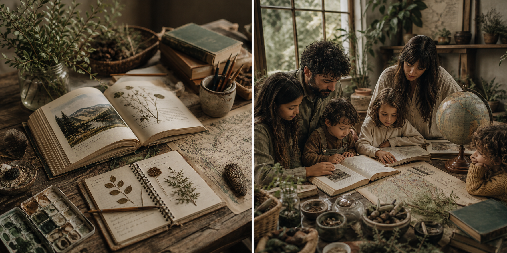 Living books, nature journals, maps, and family-style hands-on curriculum materials