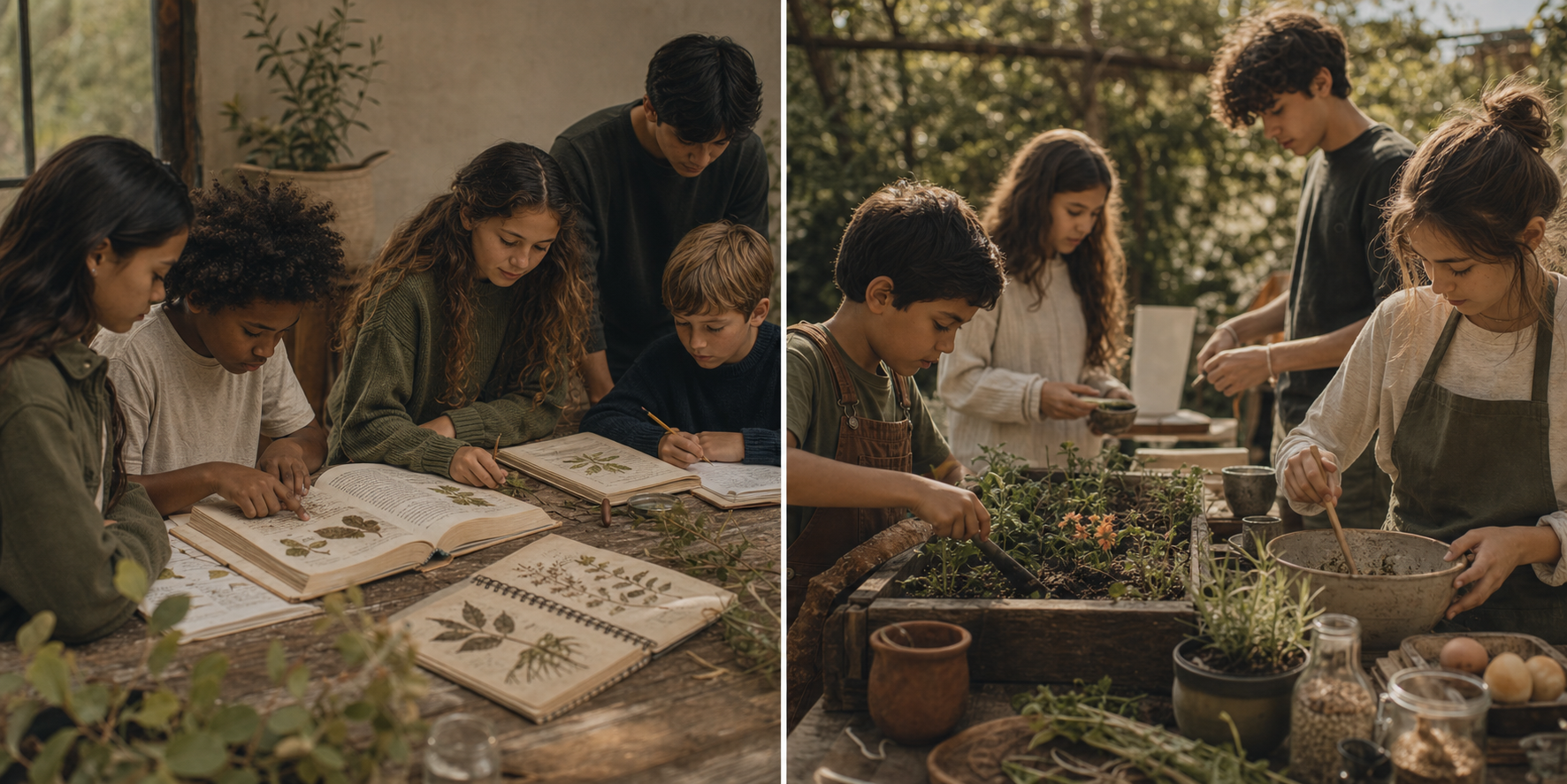 Students reading, journaling, and learning through hands-on experiences