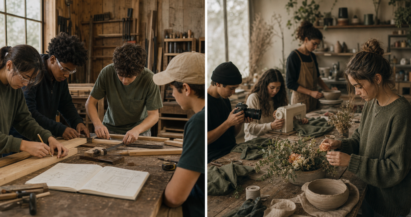 Students learning hands-on trade skills through woodwork, design, and creative projects